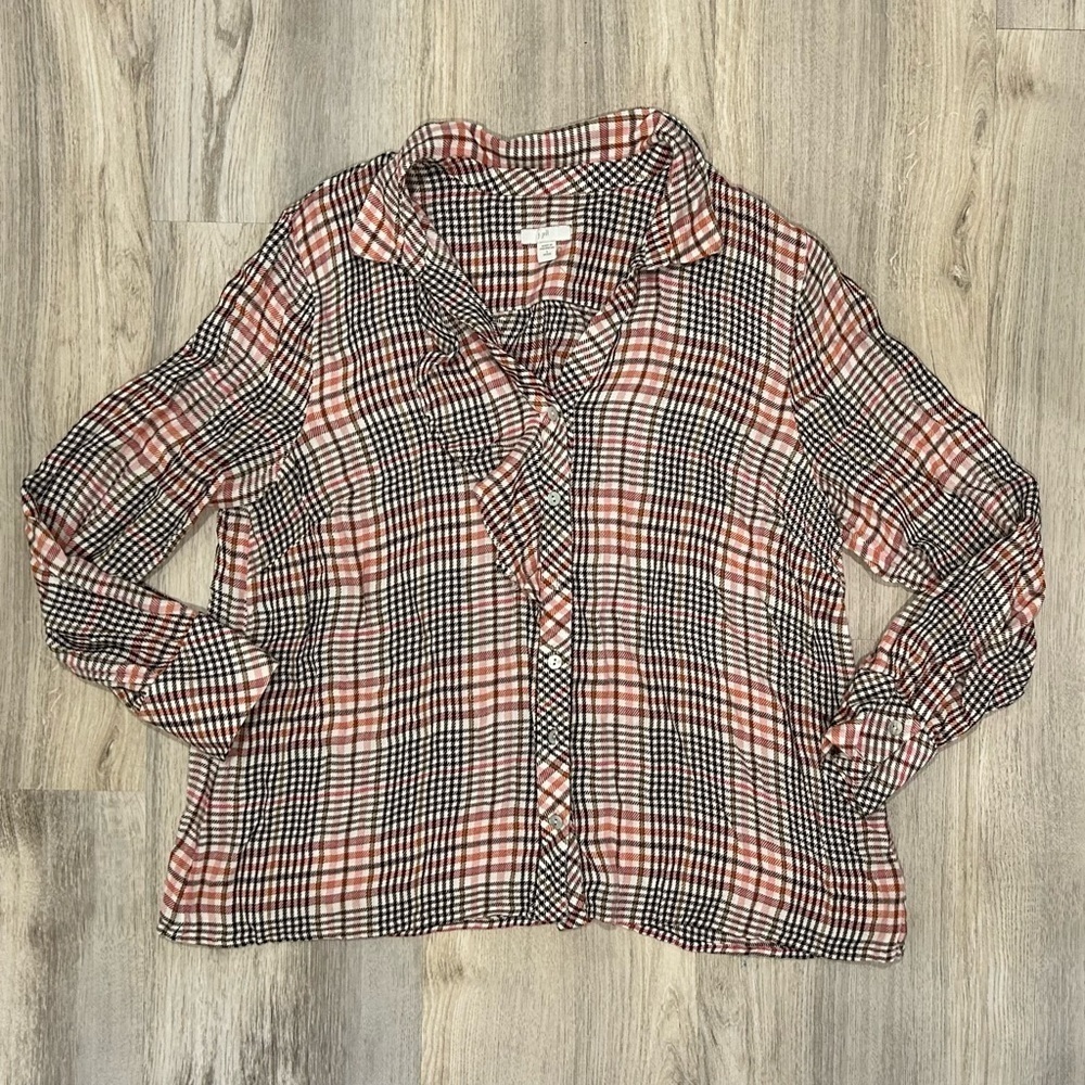 J Jill Plaid Pearl Button Up Shirt Long Sleeve Ruffle Tunic Top Size Petite L